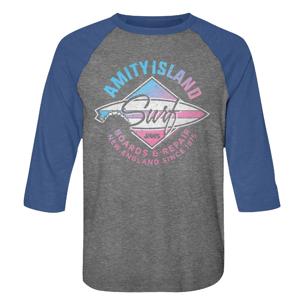 JAWS-AMITY ISLAND REEF-PREMIUM HEATHER/VINTAGE ROYAL ADULT 3/4 SLEEVE RAGLAN