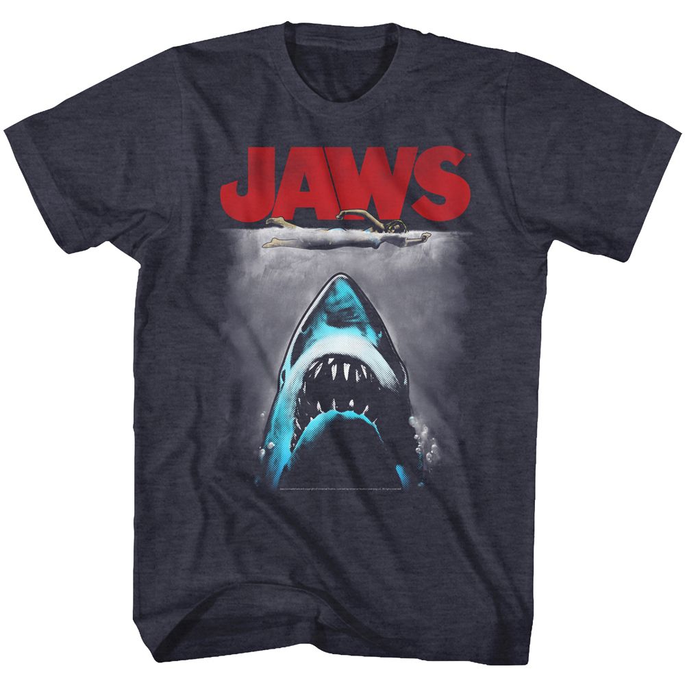 JAWS-RED LOGO-NAVY HEATHER ADULT S/S TSHIRT