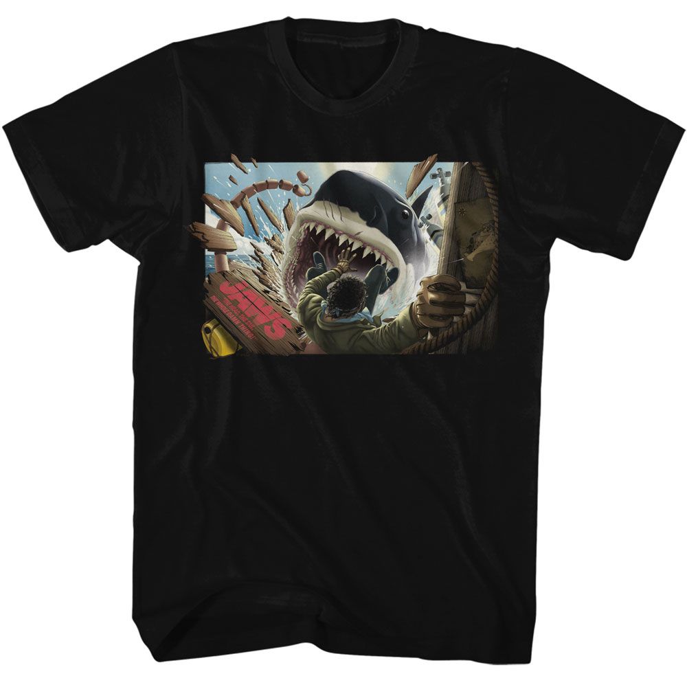 JAWS-JAWS MAN FALLING IN SHARK MOUTH-BLACK ADULT S/S TSHIRT