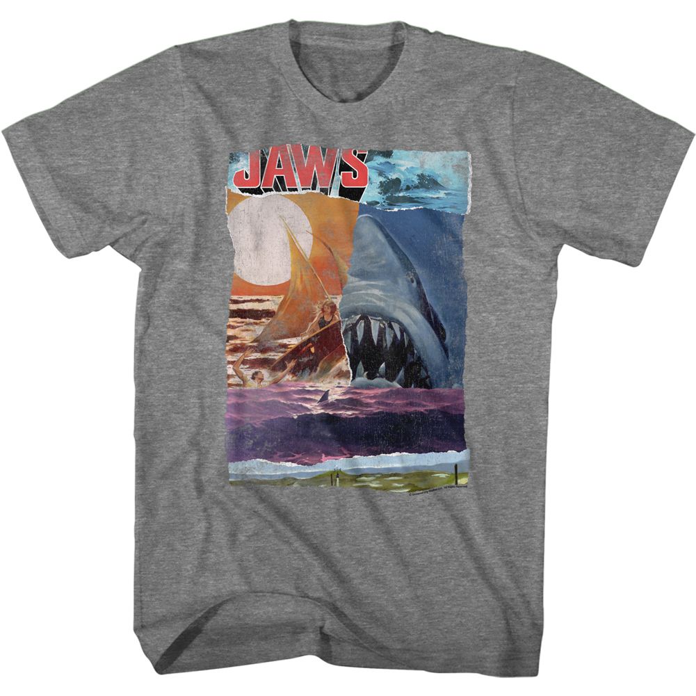 JAWS-SKI SHARK COLLAGE-GRAPHITE HEATHER ADULT S/S TSHIRT