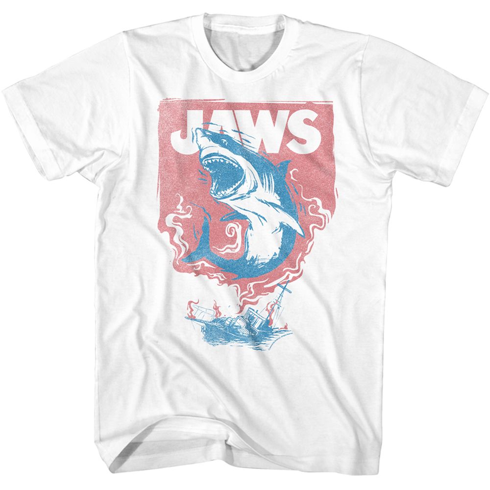 JAWS-SHARK AND BOAT FIRE-WHITE ADULT S/S TSHIRT