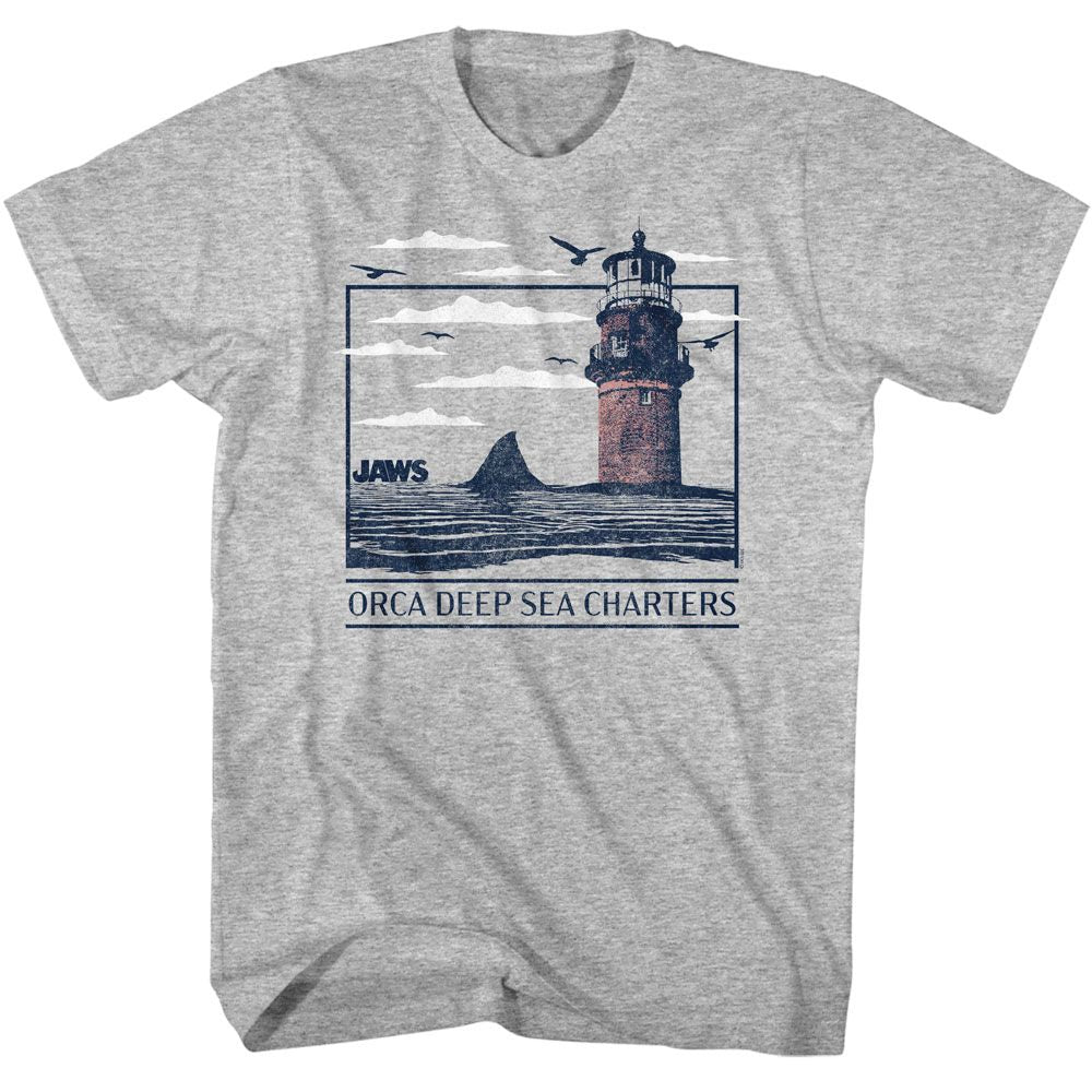 JAWS-JAWS ORCA DEEP SEA CHARTERS-GRAY HEATHER ADULT S/S TSHIRT