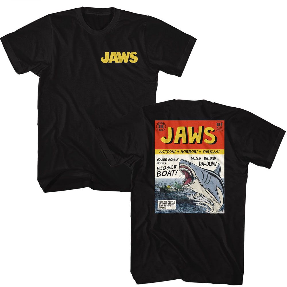 JAWS-JAWS COMIC FRONT AND BACK-BLACK ADULT S/S TSHIRT