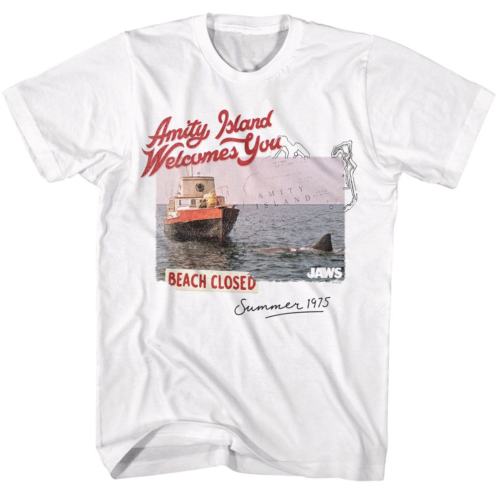 JAWS-JAWS BEACH CLOSED SUMMER 1975-WHITE ADULT S/S TSHIRT