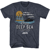 Thumbnail for JAWS-JAWS ORCA CHARTERS ILLUSTRATED-NAVY HEATHER ADULT S/S TSHIRT