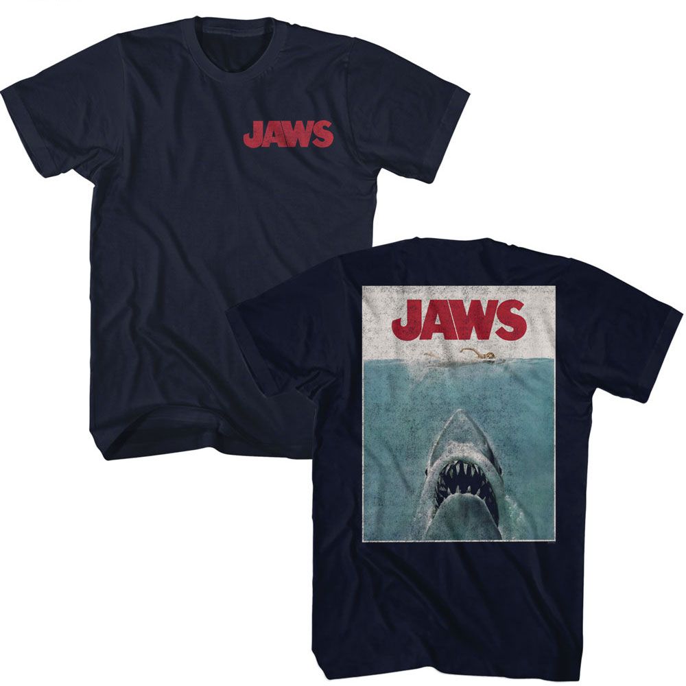 JAWS-JAWS VINTAGE POSTER F B-NAVY ADULT S/S TSHIRT