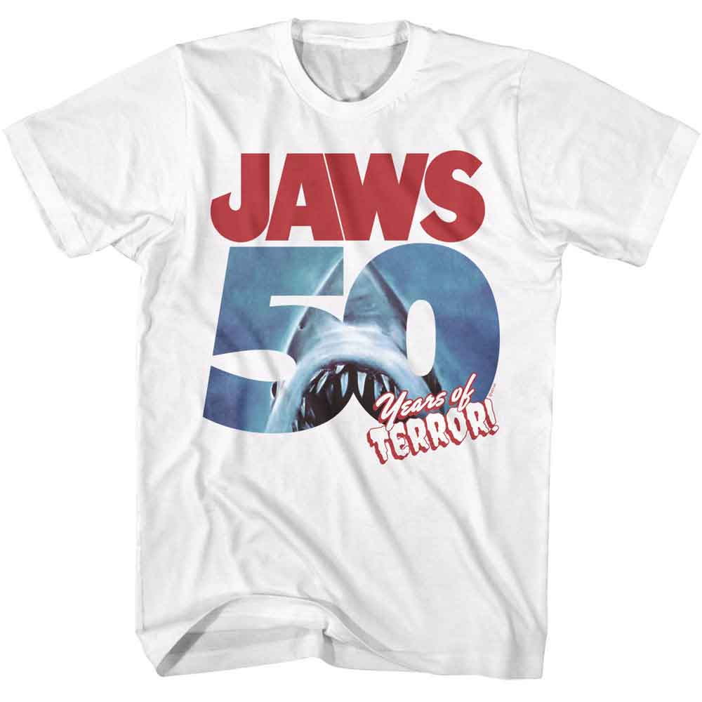 JAWS-JAWS 50 YEARS OF TERROR-WHITE ADULT S/S TSHIRT