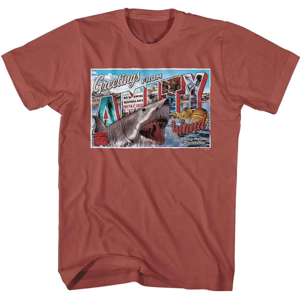 JAWS-JAWS AMITY ISLAND POSTCARD-TERRACOTTA ADULT S/S TSHIRT