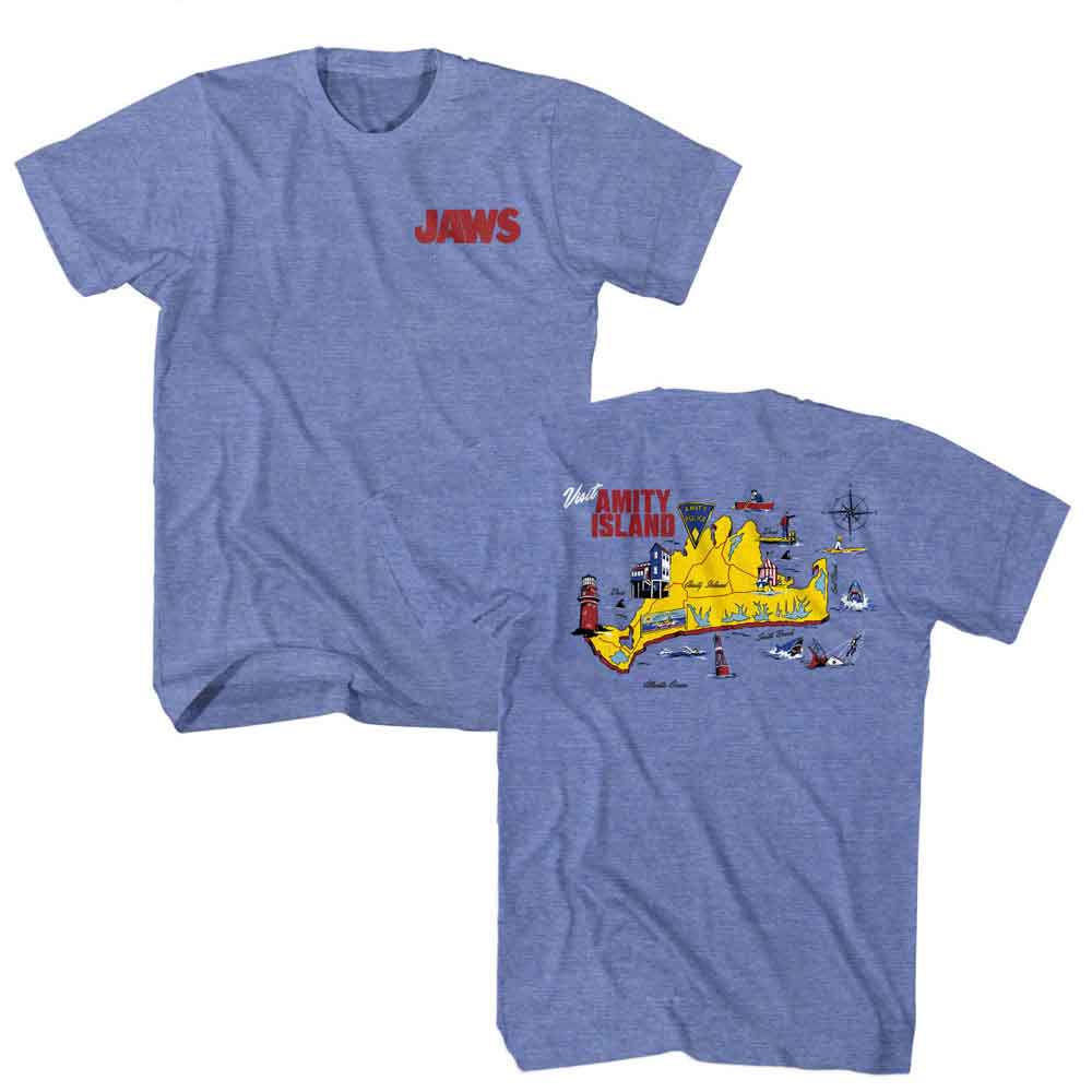 JAWS-JAWS AMITY ISLAND MAP-LIGHT BLUE HEATHER ADULT S/S TSHIRT