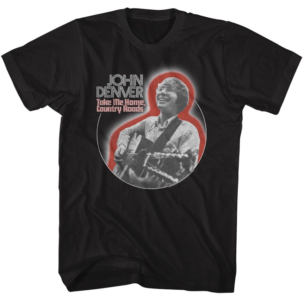 JOHN DENVER-JOHN DENVER PLAYING GUITAR CIRCLE-BLACK ADULT S/S TSHIRT