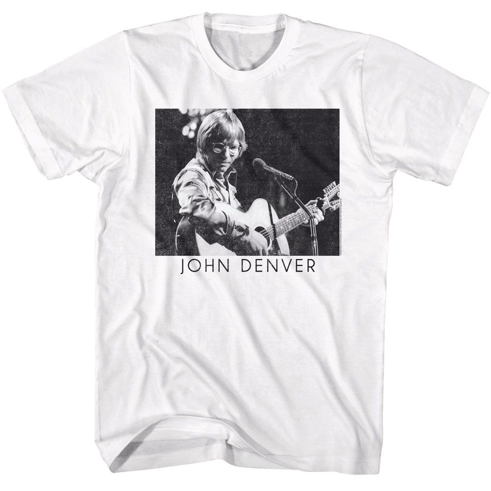 JOHN DENVER-JOHN DENVER PLAYING GUITAR BW-WHITE ADULT S/S TSHIRT