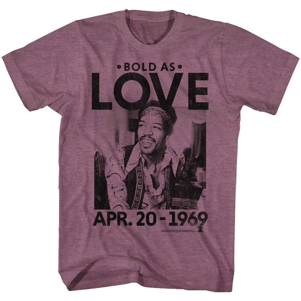 JIMI HENDRIX-BOLD AS LOVE-LIGHT MAROON HEATHER ADULT S/S TSHIRT