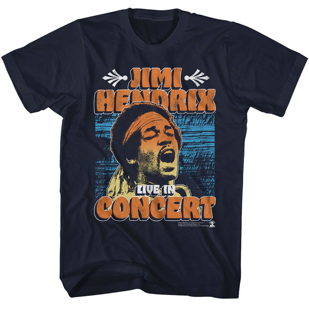 JIMI HENDRIX-JIMI HENDRIX IN CONCERT POSTER-NAVY ADULT S/S TSHIRT