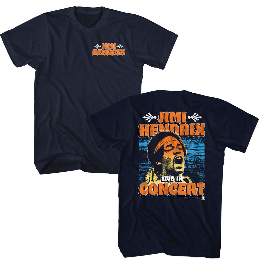 JIMI HENDRIX-JIMI HENDRIX IN CONCERT FRONT AND BACK-NAVY ADULT S/S TSHIRT