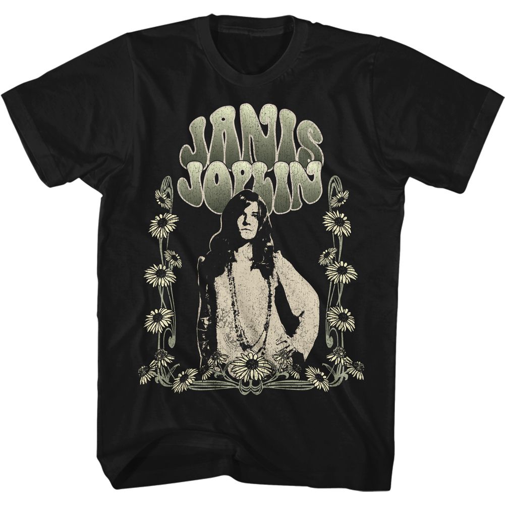 JANIS JOPLIN-ART NOUVEAU SUNFLOWERS-BLACK ADULT S/S TSHIRT