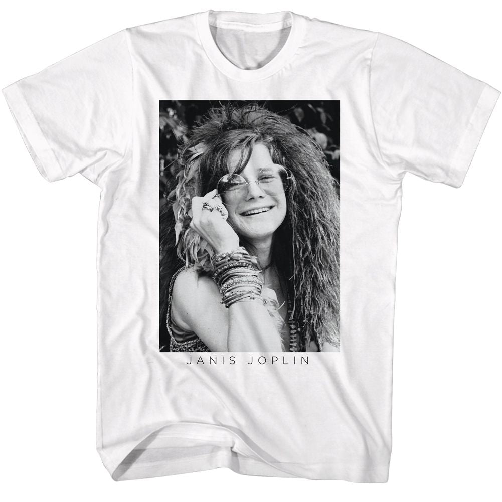 JANIS JOPLIN-JANIS JOPLIN BW GLASSES-WHITE ADULT S/S TSHIRT