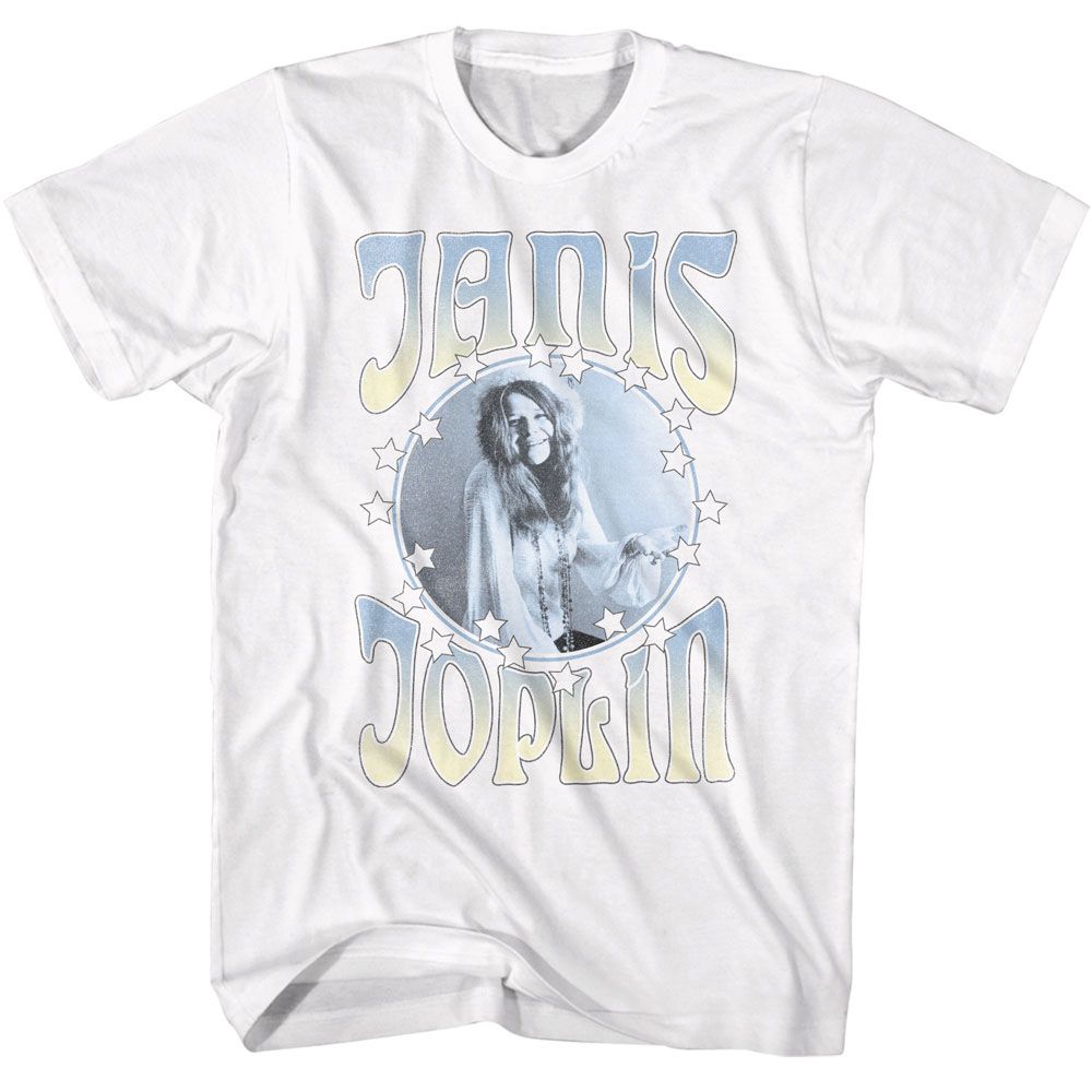 JANIS JOPLIN-JANIS JOPLIN CIRCLE WITH STARS-WHITE ADULT S/S TSHIRT