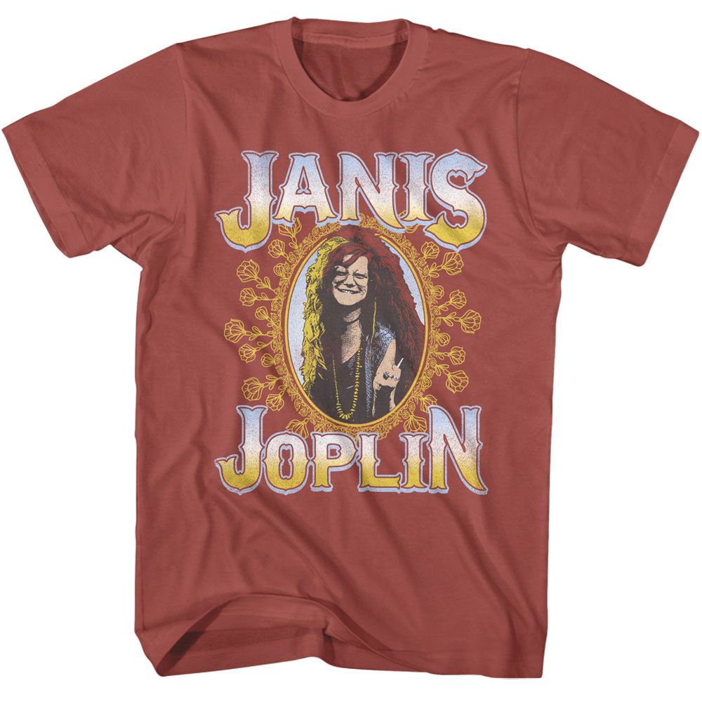 JANIS JOPLIN-JANIS JOPLIN FLORAL FRAME-TERRACOTTA ADULT S/S TSHIRT