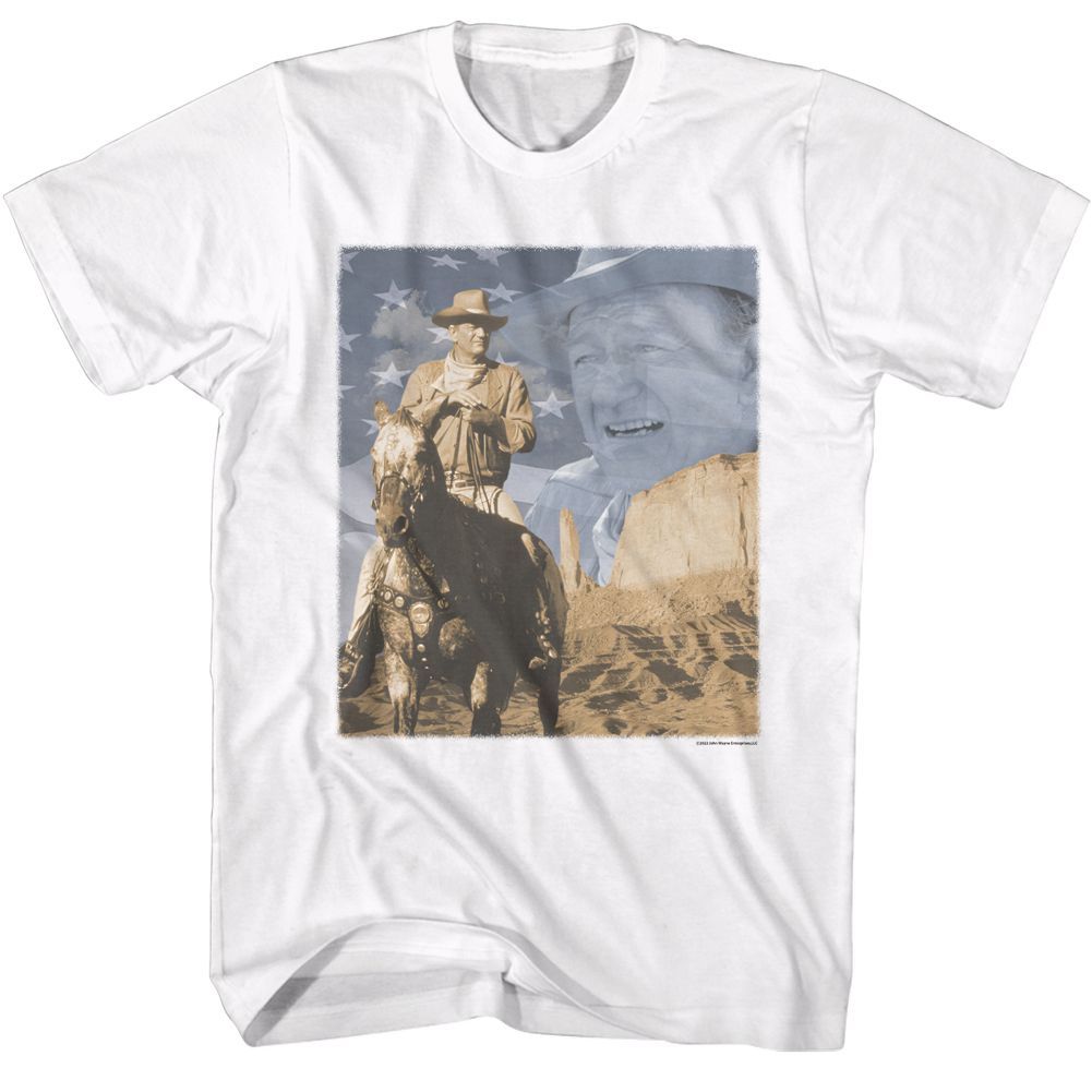 JOHN WAYNE-JOHN WAYNE FLAG AND HORSE-WHITE ADULT S/S TSHIRT