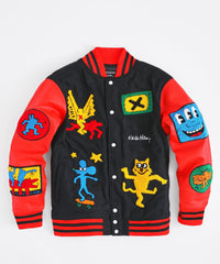 Thumbnail for Keith Haring Varsity Jacket PU Sleeves - Black