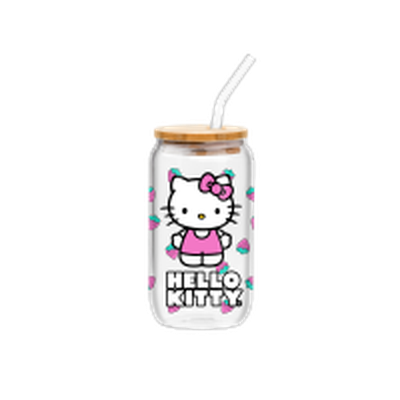 Hello Kitty Strawberry Toss 16oz Glass Tumbler w Bamboo Lid and Glass Straw – 12 pc ppk ($6.00 each)