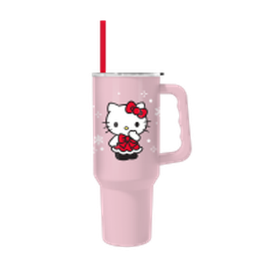 Hello Kitty Holiday Outfit Snowflakes Red Bow Dress Color Option  40oz Stainless Steel Tumbler w Handle – 12 pc ppk ($13.75 each)