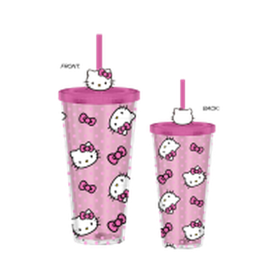 Hello Kitty Tossed Face Bows And Dots  24oz Plastic Cold Cup w/ Lid and Topper Straw – 12 pc ppk ($6.50 each)