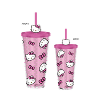 Thumbnail for Hello Kitty Tossed Face Bows And Dots  24oz Plastic Cold Cup w/ Lid and Topper Straw – 12 pc ppk ($6.50 each)