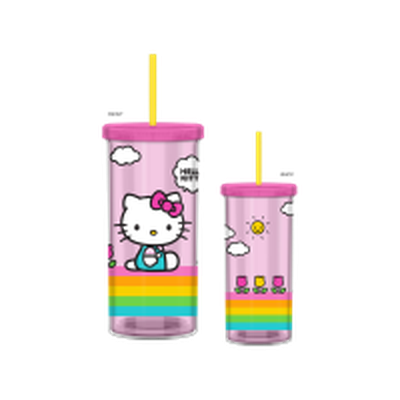 HELLO KITTY STRIPES FLOWERS SUNSHINE  20oz Plastic Tall Cold Cup w/ Lid and Straw – 12 pc ppk ($5.25 each)