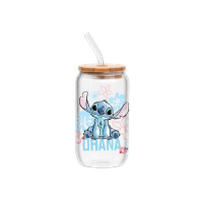 Lilo and Stitch Ohana Sitting  16oz Glass Tumbler w Bamboo Lid and Glass Straw – 12 pc ppk ($6.00 each)