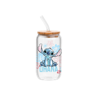 Thumbnail for Lilo and Stitch Ohana Sitting  16oz Glass Tumbler w Bamboo Lid and Glass Straw – 12 pc ppk ($6.00 each)