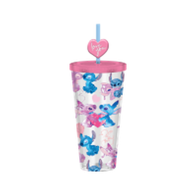 Lilo and Stitch Watercolor Angel And Stitch  24oz Plastic Cold Cup w/ Lid and Topper Straw – 12 pc ppk ($6.50 each)