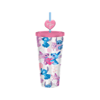 Thumbnail for Lilo and Stitch Watercolor Angel And Stitch  24oz Plastic Cold Cup w/ Lid and Topper Straw – 12 pc ppk ($6.50 each)