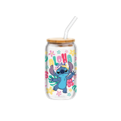Lilo Stitch Aloha Stitch Colorful 16oz Glass Tumbler w Bamboo Lid and Glass Straw – 12 pc ppk ($6.00 each)