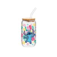 Thumbnail for Lilo Stitch Aloha Stitch Colorful 16oz Glass Tumbler w Bamboo Lid and Glass Straw – 12 pc ppk ($6.00 each)
