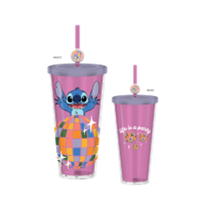 Stitch Life Is A Party 24oz Plastic Cold Cup w/ Lid and Topper Straw – 12 pc ppk ($6.50 each)