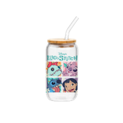 Lilo and Stitch Floral Character Grid  16oz Glass Tumbler w Bamboo Lid and Glass Straw – 12 pc ppk ($6.00 each)