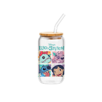 Thumbnail for Lilo and Stitch Floral Character Grid  16oz Glass Tumbler w Bamboo Lid and Glass Straw – 12 pc ppk ($6.00 each)