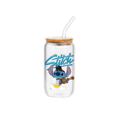Lilo and Stitch Holding Guitar  16oz Glass Tumbler w Bamboo Lid and Glass Straw – 12 pc ppk ($6.00 each)