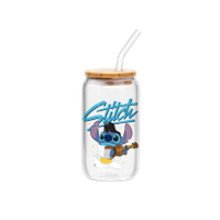 Thumbnail for Lilo and Stitch Holding Guitar  16oz Glass Tumbler w Bamboo Lid and Glass Straw – 12 pc ppk ($6.00 each)