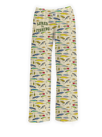 Thumbnail for Lured to Fishing Pajama Pants – Comfortable beige pajama pants featuring a colorful fishing lure pattern with 'Lured to Fishing' text. Perfect for fishing enthusiasts and outdoor lovers.
