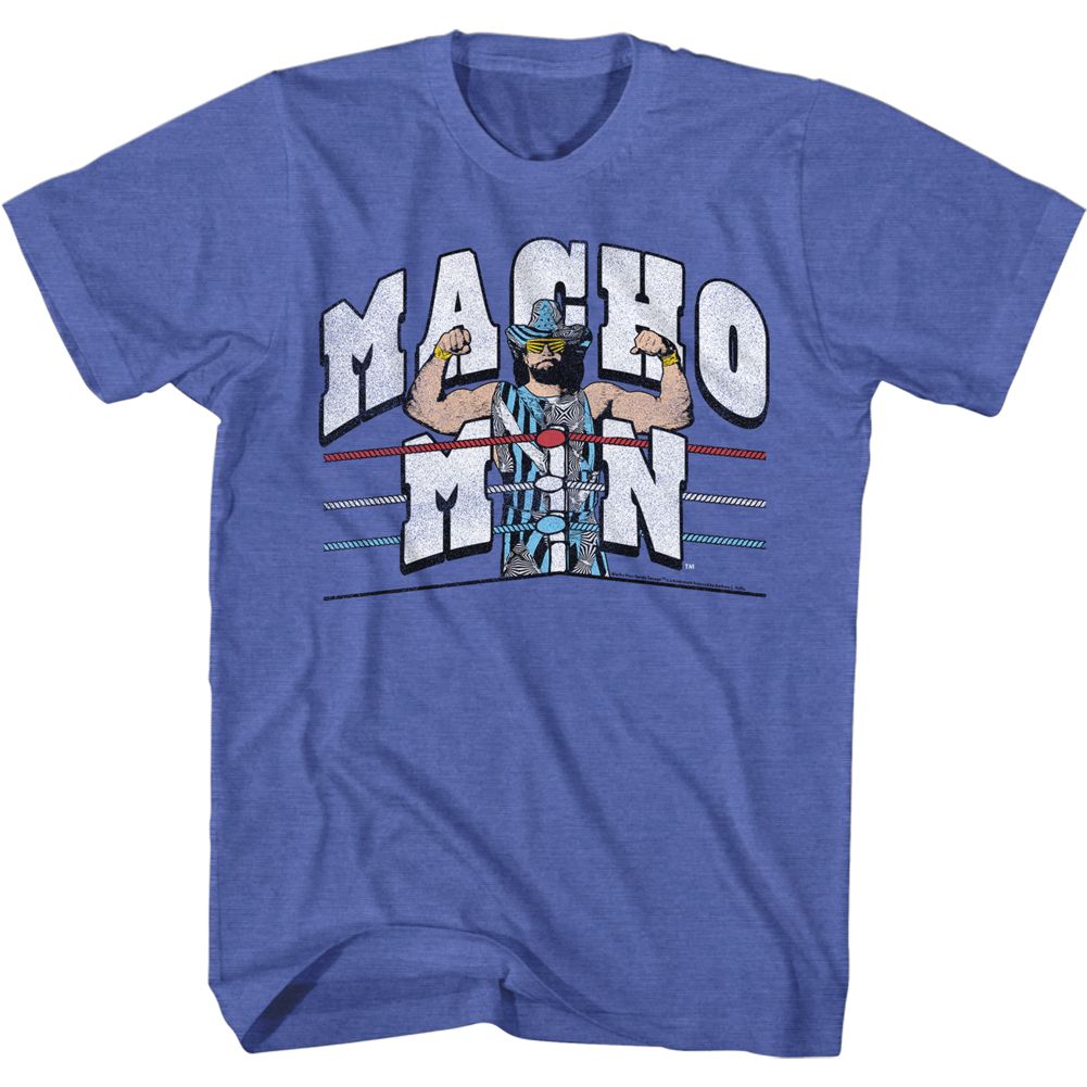MACHO MAN-RETRO RING AND ROPES-ROYAL HEATHER ADULT S/S TSHIRT