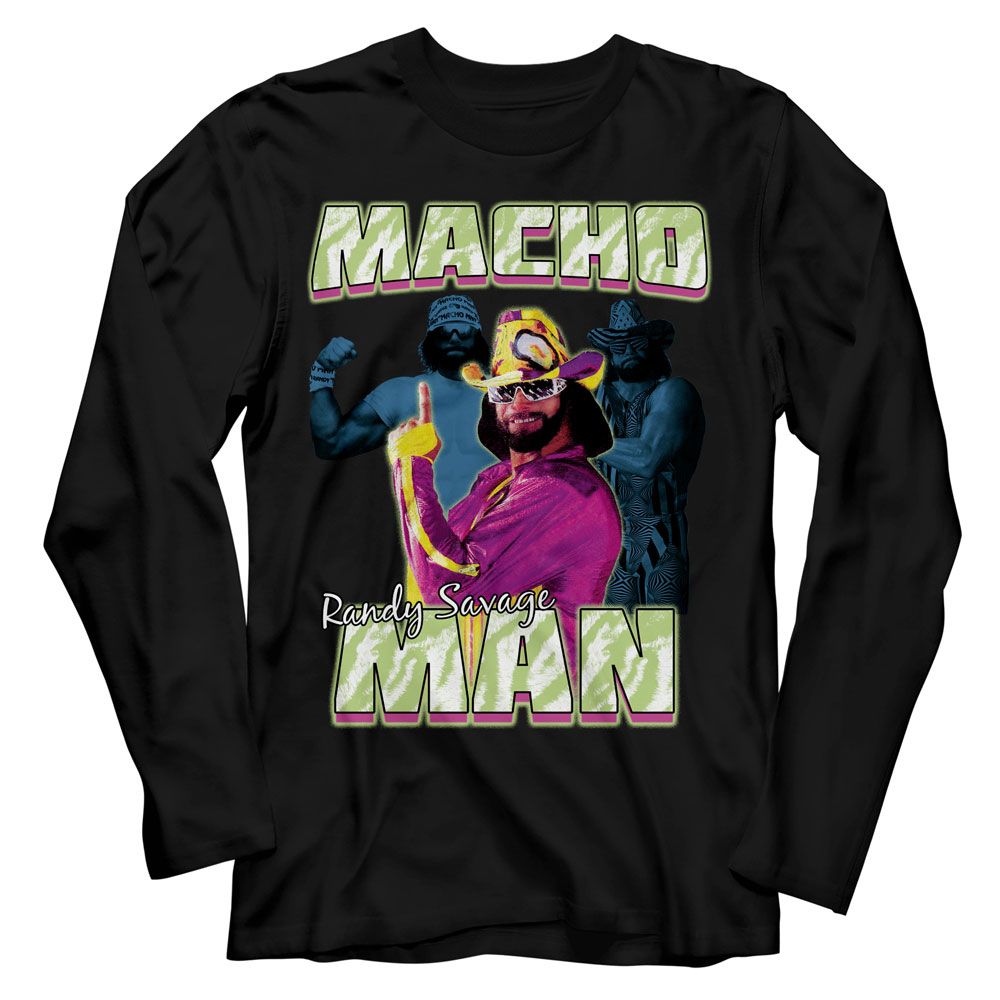 MACHO MAN-MACHO MAN THREE PHOTOS COLLAGE-BLACK ADULT L/S TSHIRT