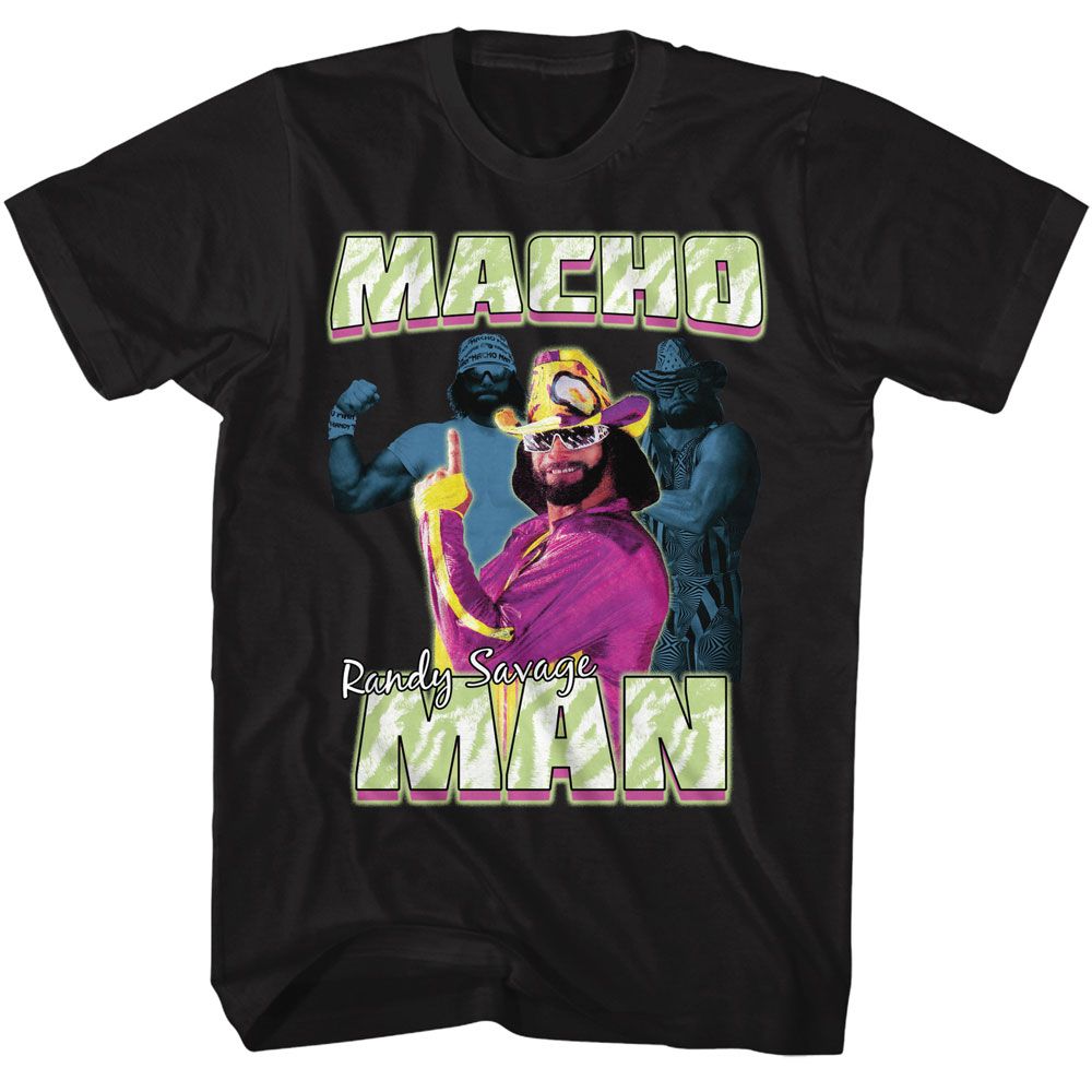 MACHO MAN-MACHO MAN THREE PHOTOS COLLAGE-BLACK ADULT S/S TSHIRT