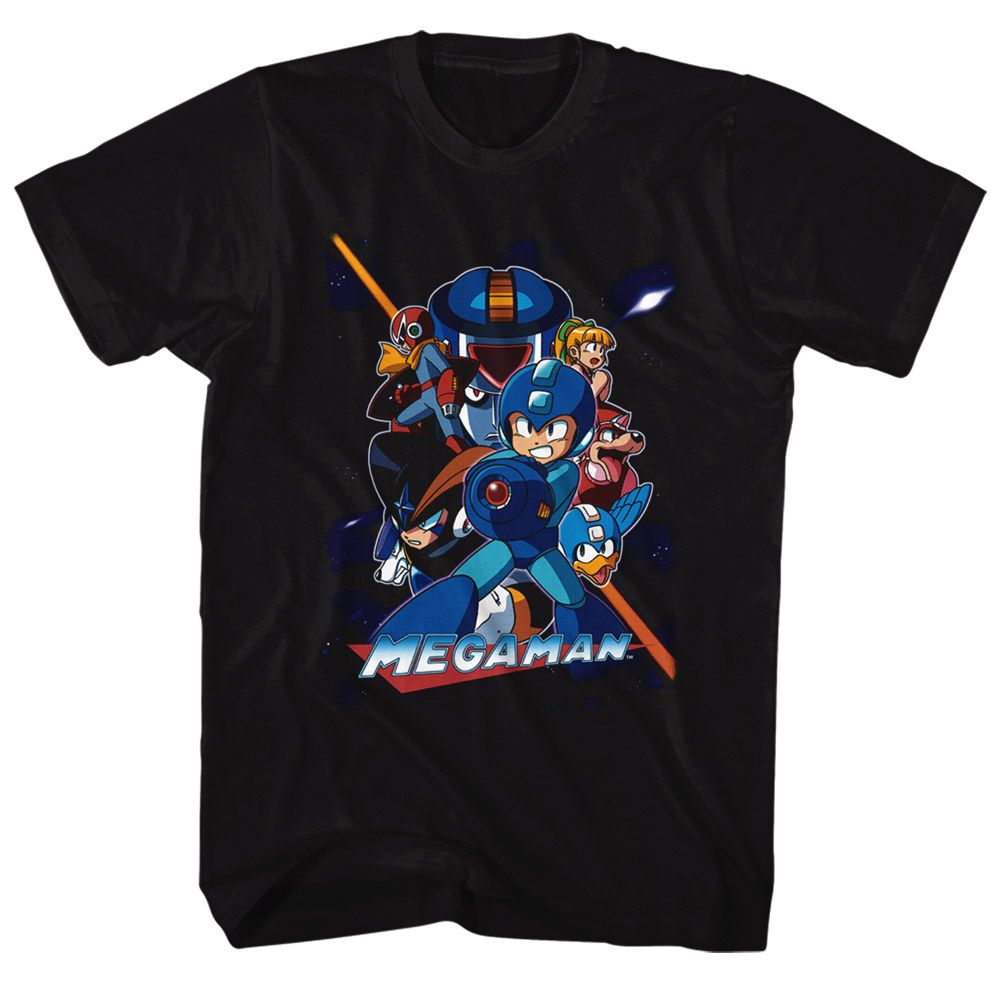 MEGA MAN-COLLAGE ORANGE BEAM-BLACK ADULT S/S TSHIRT