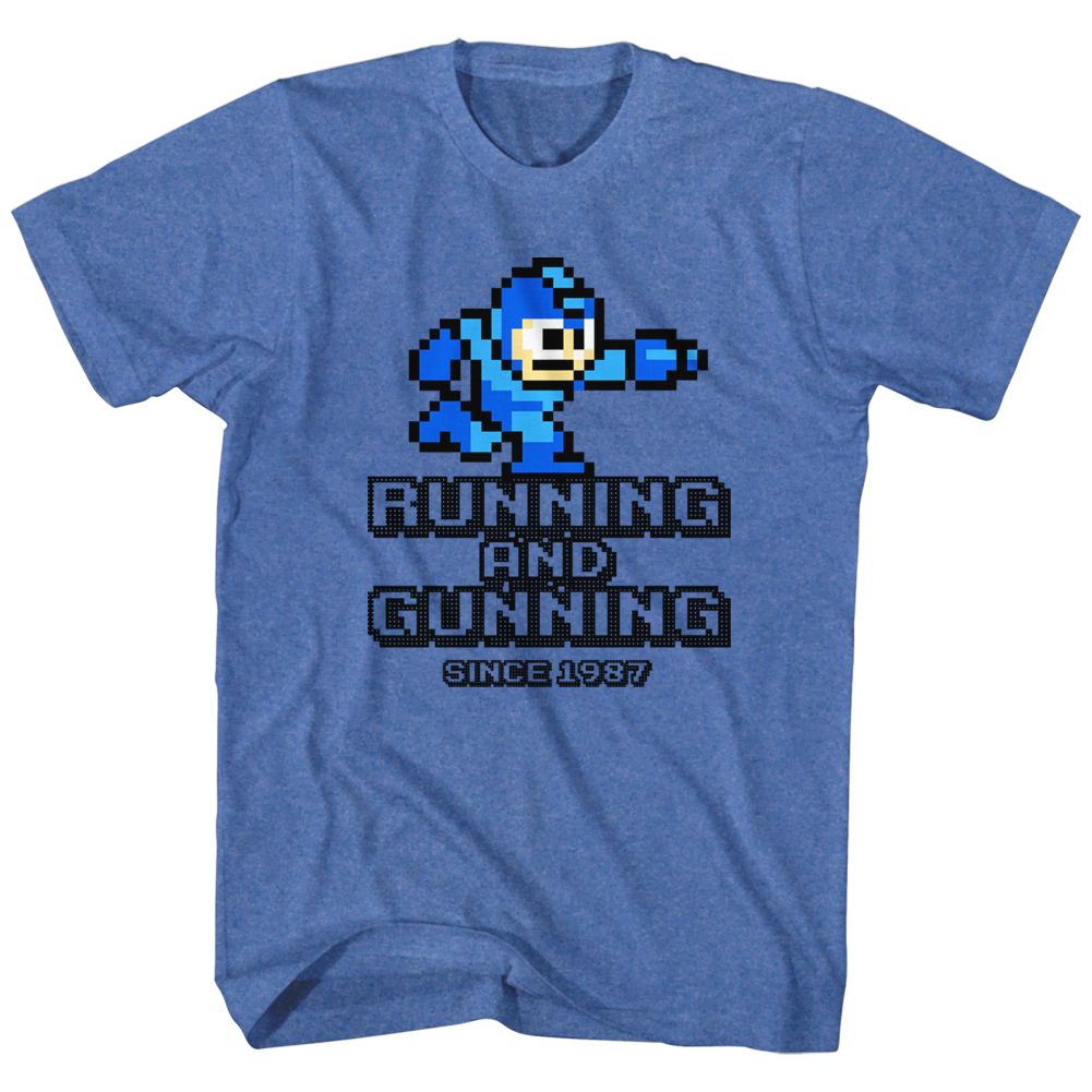 MEGA MAN-RUNNING AND GUNNING-ROYAL HEATHER ADULT S/S TSHIRT