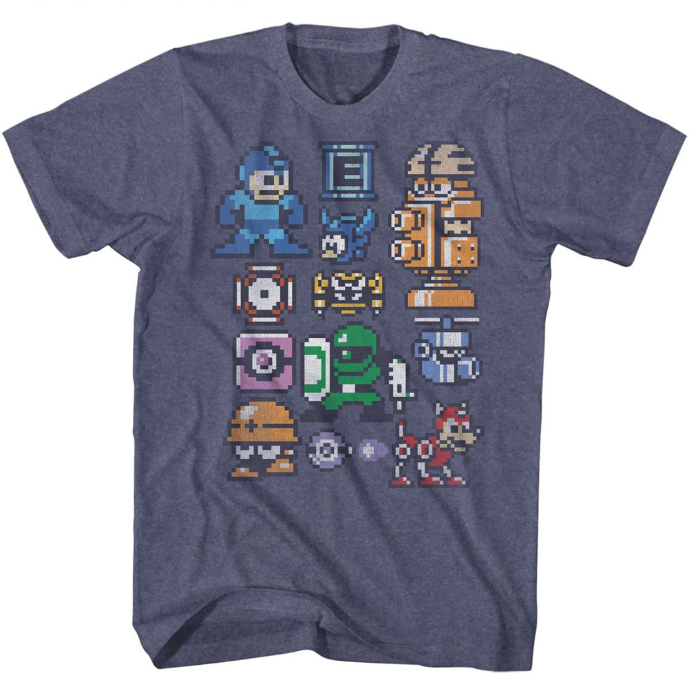 MEGA MAN-PIXELMANS-VINTAGE BLUE HEATHER ADULT S/S TSHIRT