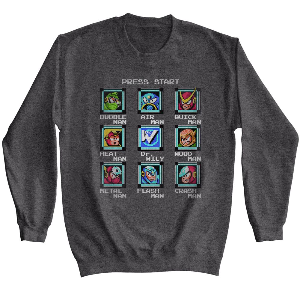 MEGA MAN-MEGA MAN STAGE SELECT-DARK HEATHER ADULT L/S SWEATSHIRT