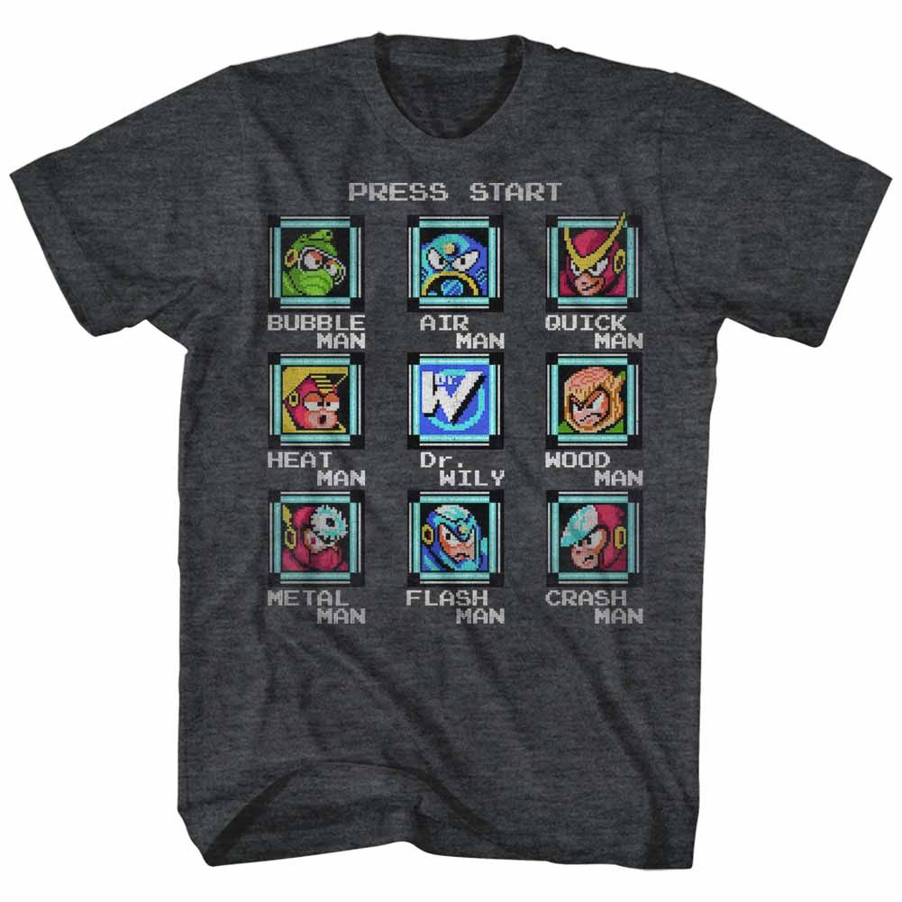 MEGA MAN-STAGE SELECT-BLACK HEATHER ADULT S/S TSHIRT