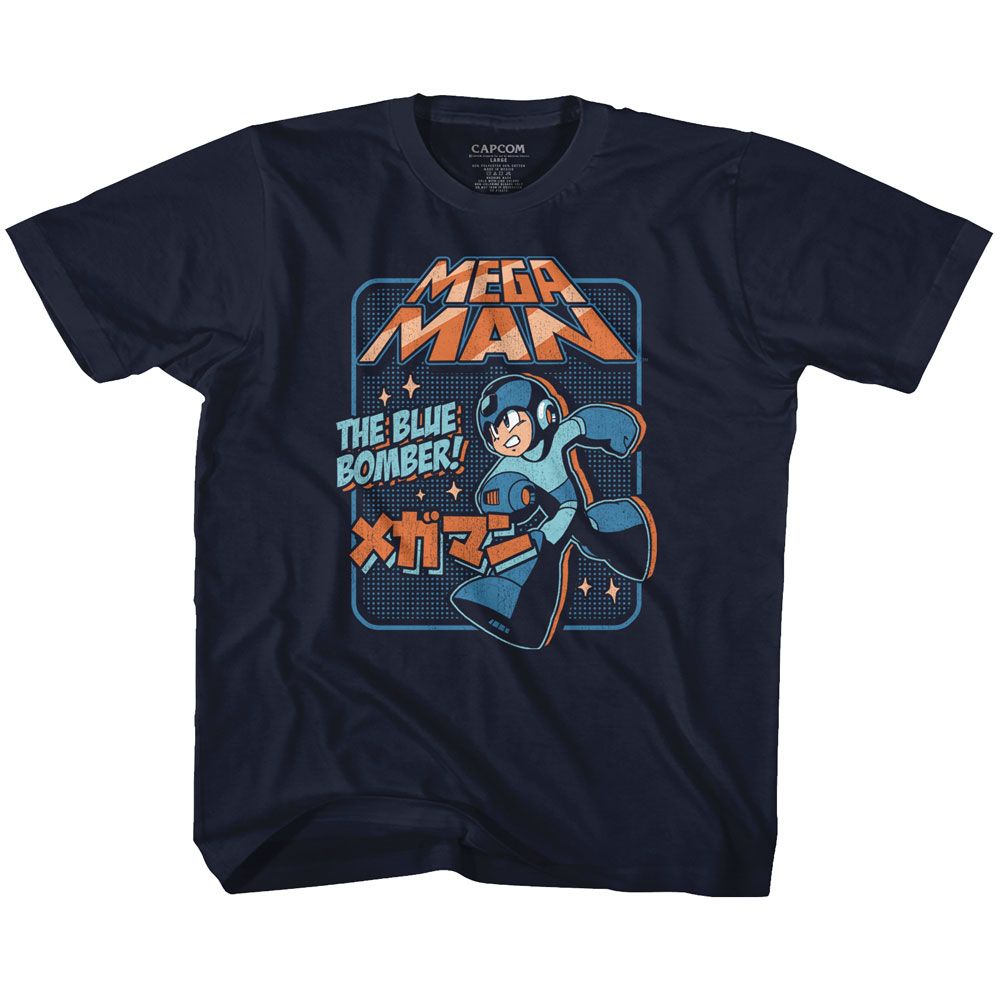 MEGA MAN-GRAPHIC BLU BOMBER-NAVY YOUTH S/S TSHIRT